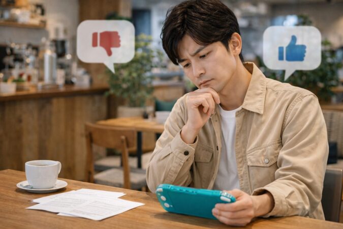 口コミ評価を見極めながらゲーム機選びを考える日本人ユーザーのイメージ