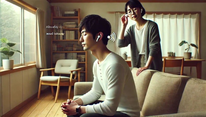 自宅でAirPodsの音漏れを確認している日本人男性と協力者のイメージ