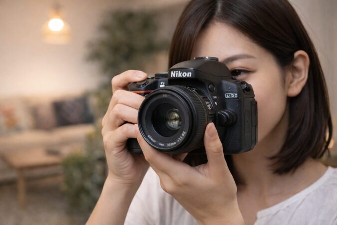 日本人ユーザーが35mm F1.8単焦点レンズを装着したNikon DX一眼レフで室内撮影するイメージ