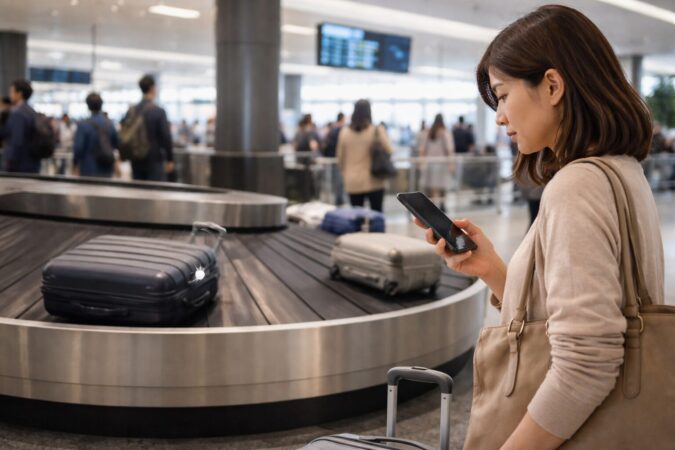 空港でAirTagの更新が止まって見える原因を連想させる手荷物追跡イメージ