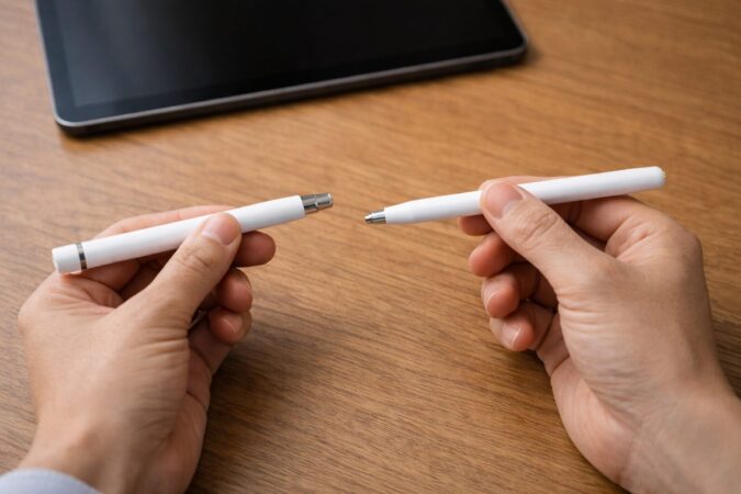 2種類のスタイラスを机上で並べて機能差を比較する様子