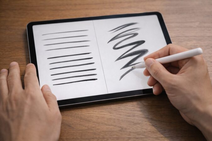 筆圧がないと線の強弱表現が難しく操作が増える状況を示す手元