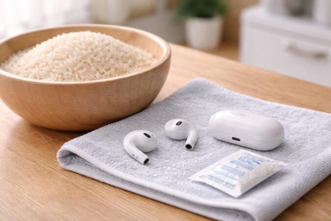 ワイヤレスイヤホンの乾燥に米ではなく乾燥剤を検討するイメージ