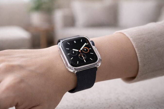 純正バンドの上品さを保ちながらApple Watchを最小限に保護する装着イメージ