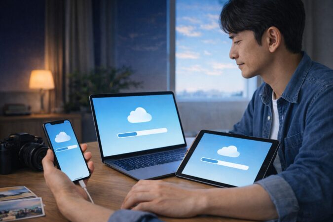 iCloud写真の同期が終わらない時に進行状況を見分けるイメージ