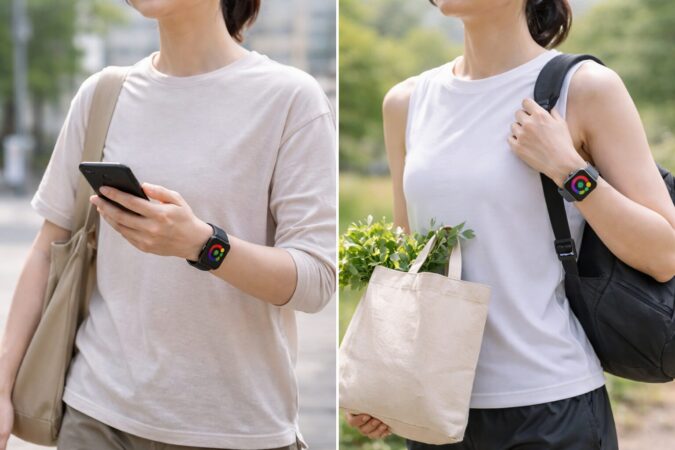 スマホ同伴のGPS運用と手ぶら外出を想定したセルラー運用を対比したイメージ