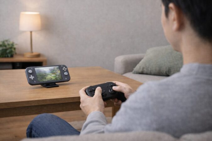 Switch Liteを机置きにして無線コントローラーで操作し、姿勢を楽にして快適化するイメージ