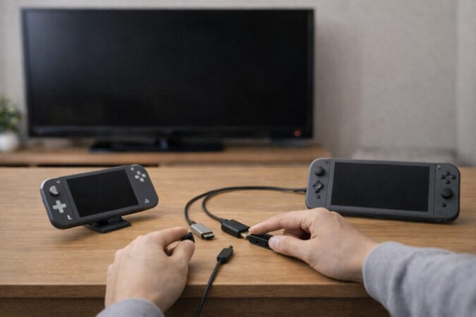 ドックなし接続を試してもテレビが真っ黒のまま映らない様子（Switch Liteはそもそも映像出力非対応