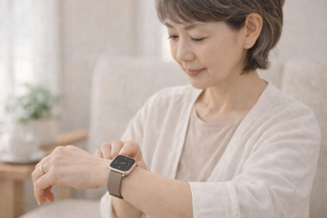 老眼に配慮してスマートウォッチを自然に使う大人女性のイメージ