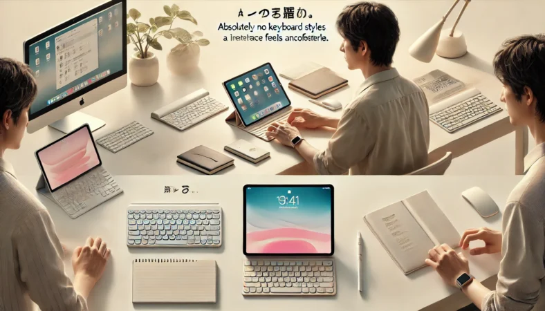 iPad用キーボードが必要かどうかを考えながらアクセサリを整理する日本人ユーザーのデスク風景