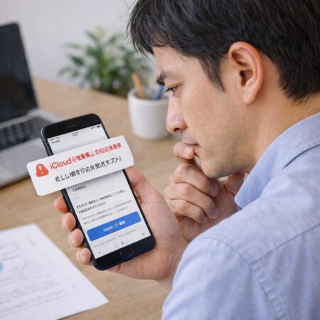 自動送信の通知をうのみにせず、内容を冷静に確認する日本人ユーザーのイメージ