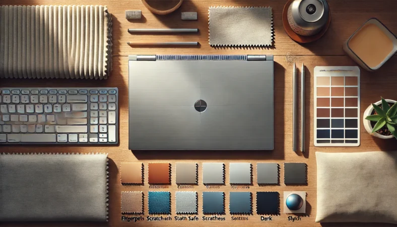 スターライトのノートPCと周辺小物を俯瞰で配置し、色選びの判断軸を連想させる比較イメージ