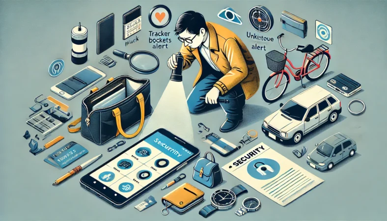 不明トラッカー確認後にタグ型やカード型など補助商品を比較検討する日本人ユーザーのイメージ