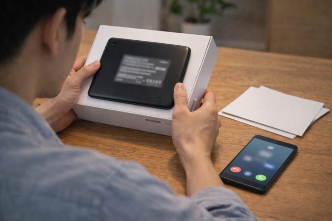 外箱やラベルを確認しつつ保証・サポート重視で判断するイメージ（製造国の不安整理