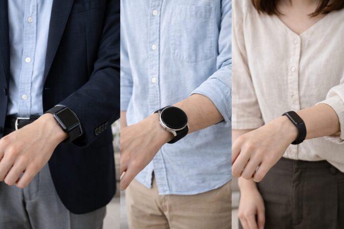 角形と丸形と細身バンドの見た目の違いを手首で比較するイメージ