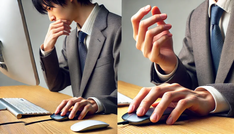 トラックボール使用後に親指の付け根と手首の違和感を気にする日本人ワーカー