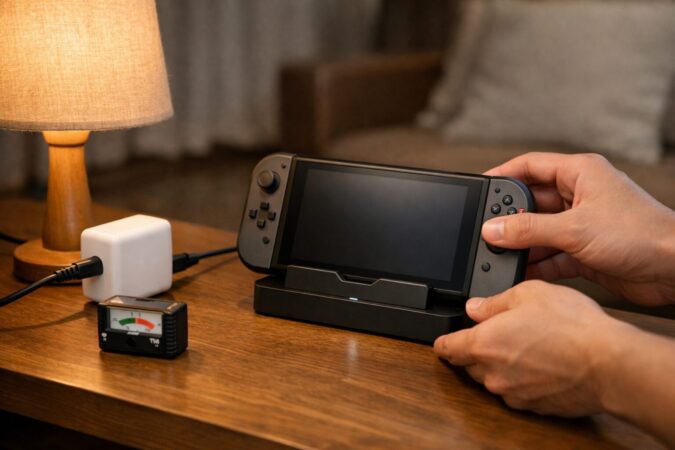 Switch2のバッテリー劣化を抑えるため、ドック充電を80〜90%で止める運用をイメージした充電環境