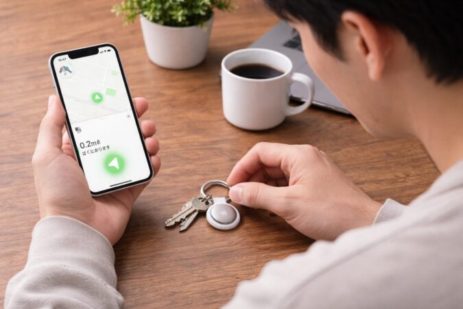 日本人ユーザーがiPhoneの探すアプリとAirTagを使って鍵を管理している日常シーン 画像に文字は入れない