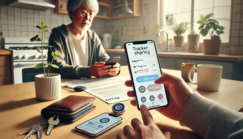 AirTag共有設定を進める日本人ユーザーの手元とスマートフォンの操作イメージ