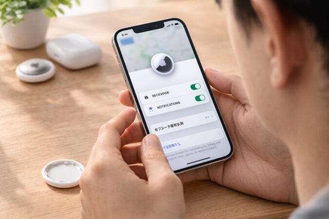 日本人ユーザーがiPhoneの探すアプリを確認しながらAirTag設定条件を見直す場面