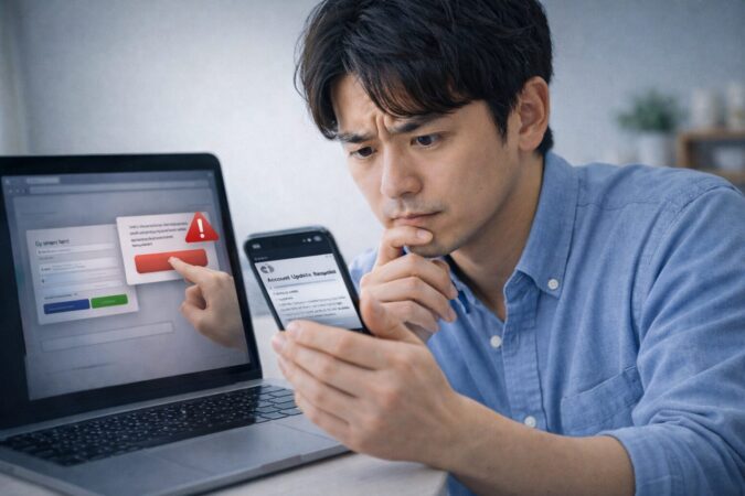 フィッシングメールの誘導を警戒して日本人利用者が慎重に確認する様子