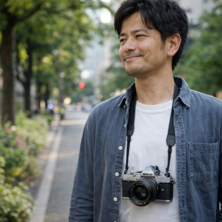 Nikon Z fcを首から下げて散歩撮影を楽しむ日本人ユーザーが、向いている人の特徴を表すイメージ