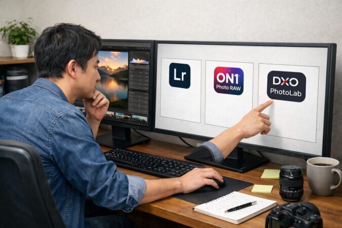日本人フォトグラファーが3つのRAW現像ソフト候補を比較しながら最適な一本を選んでいる横長ビジュアル
