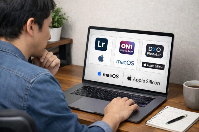 日本人のMacユーザーがRAW現像ソフトの対応OSやApple Silicon環境を確認している16対9イメージ