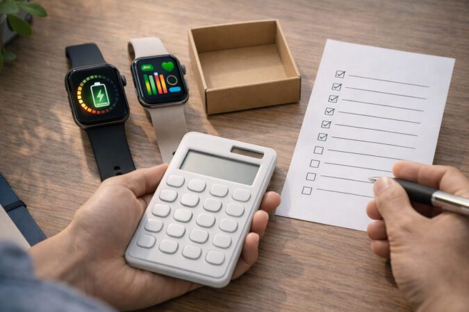 旧モデルと新モデルのスマートウォッチを並べ、下取りを含めて損しない買い替え判断をしている様子