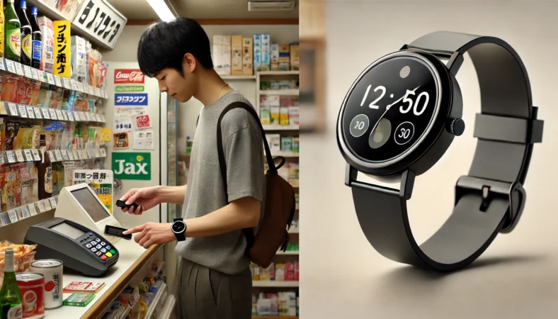 日本人男性がスマートウォッチで決済する日常シーン