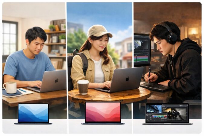 自宅作業、外出先利用、高負荷作業の違いからMacBook選びを考える比較イメージ