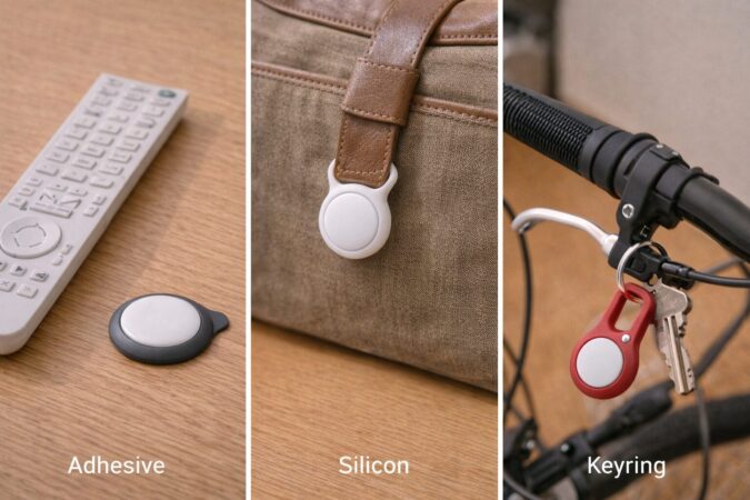 貼れるAirTag代用品と紛失防止タグ用アクセサリの比較イメージ