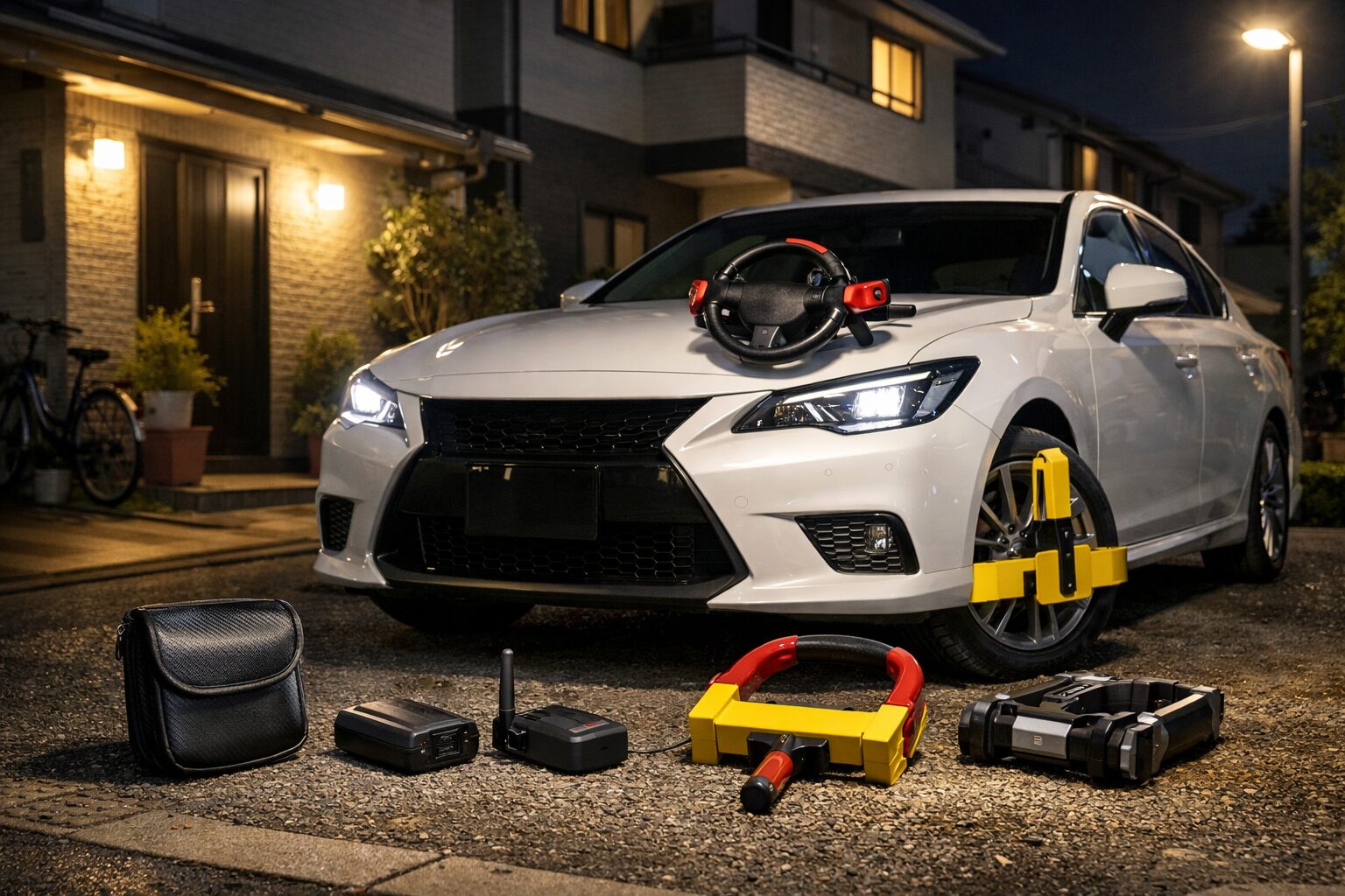 自宅駐車場でGPSだけでなくハンドルロックやタイヤロックも使う車の盗難防止対策イメージ