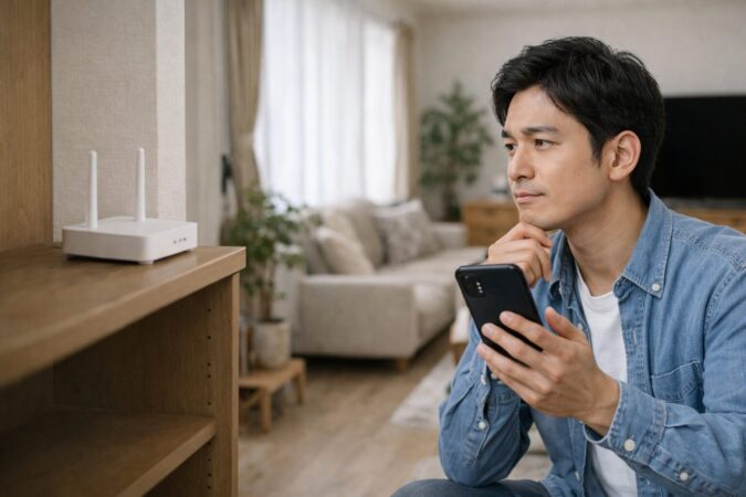 日本人男性が自宅でWi-Fiとモバイル通信の不安定さを切り分けて確認する場面