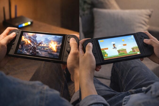 Switch2の連続使用時間がゲーム負荷や明るさ設定で変わることを表現した比較シーン