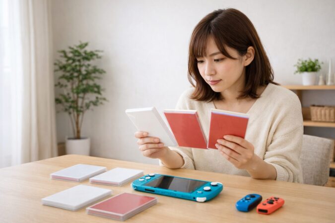 携帯ゲーム機で遊べるソフトの相性を確認する日本人ユーザーのイメージ