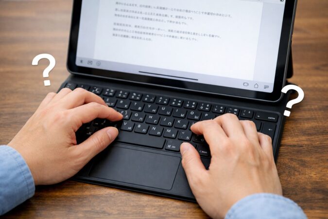 iPad用Magic Keyboardで日本語入力中にキー配列の違いへ戸惑う日本人ユーザーの手元