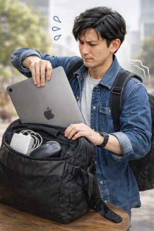 通勤バッグに大きめノートPCと周辺機器を入れて持ち運ぶ負担を表したイメージ