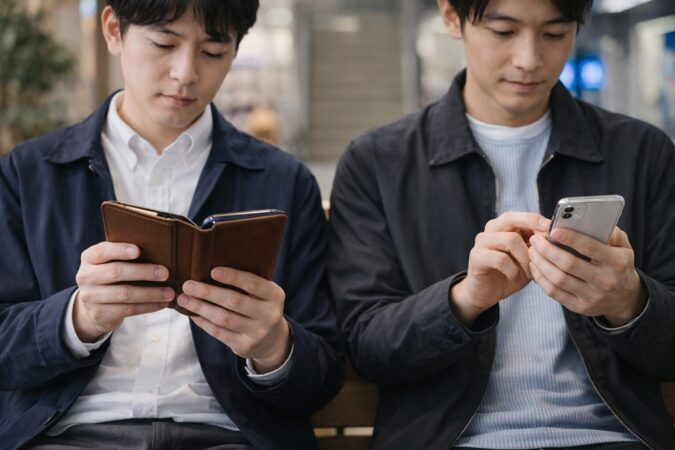 手帳型ケースを開閉しながら操作し、テンポの違いが伝わる日本人ユーザーのスマホ利用風景