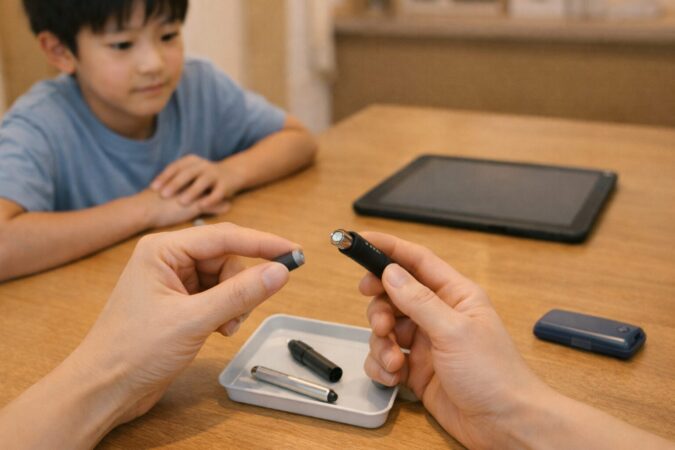 専用タッチペンが突然反応しないときに、保護者が安全に電池交換して改善を試す場面