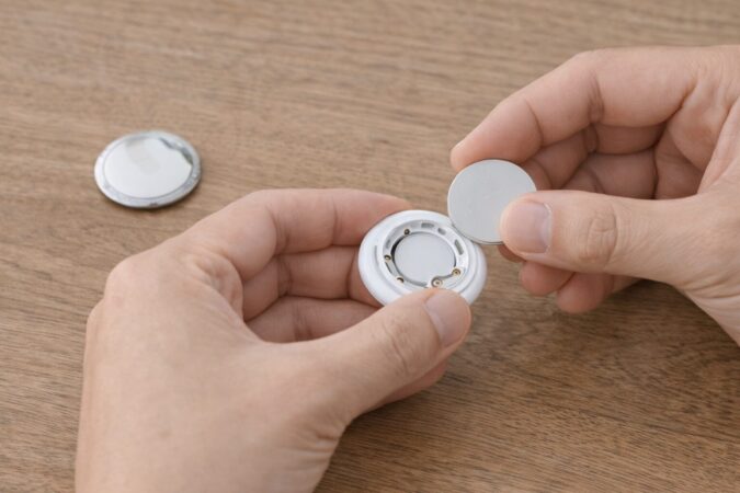 AirTagの電池交換を慎重に行う手元のイメージ