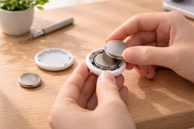 AirTagにCR2032電池を交換する手元を写した安全で分かりやすい横長画像