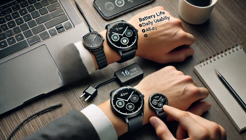 仕事机まわりでスマートウォッチの電池持ちと日常運用をイメージした写真