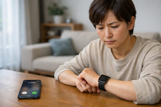 Apple WatchでLINE通話通知だけ届かず、iPhoneには着信が表示される状況を再現したイメージ(文字なし)