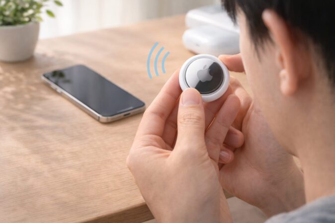 静かな室内でAirTagのリセット音を注意深く確認する手元のイメージ