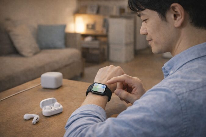 外出前に音楽を事前同期して、通信なしでも再生できる状態を作る日本人の準備シーン（文字なし）