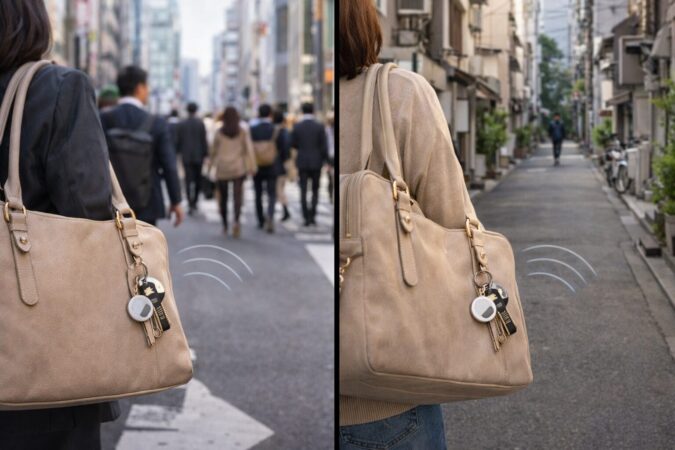 AirTagの更新頻度は人通りや周囲の端末環境で変わることを表す比較イメージ