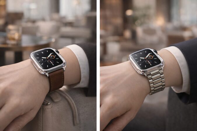 高級感を損なわずApple Watchを保護するミニマルな装着イメージ