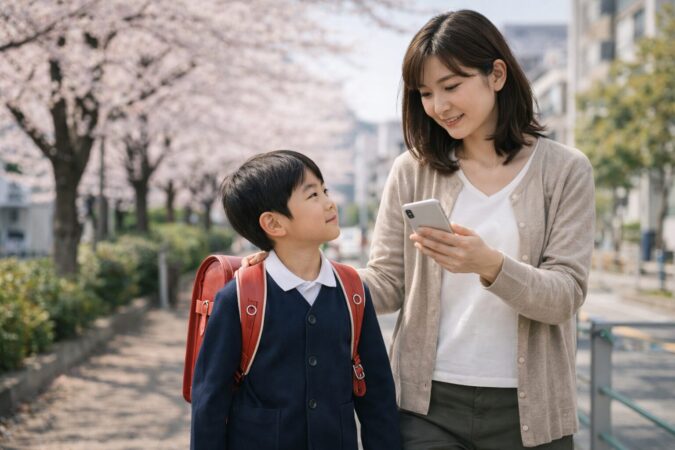 入学シーズンに日本人の親子がキッズケータイの購入時期を検討する様子