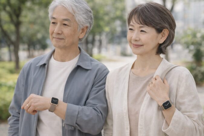 60代男女に馴染む上品なスマートウォッチ着用イメージ
